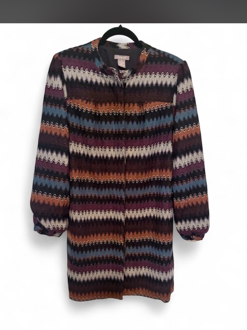 Kenar Multicolor Zigzag Button Down Coat in Mauve, Brown & Blue